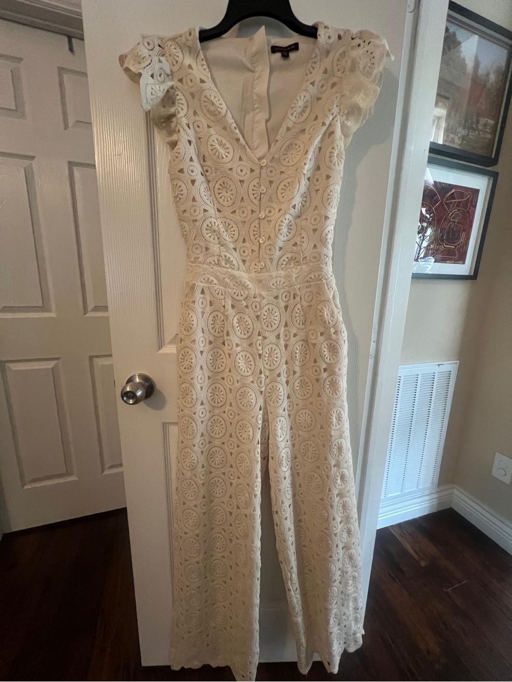 Lace Eyelet V-Neck Wide-Leg Jumpsuit - Cream